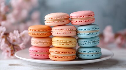 Fototapeta premium A delightful arrangement of colorful macarons stacked on a white plate, showcasing their vibrant hues and delicate textures against a soft, floral backdrop.