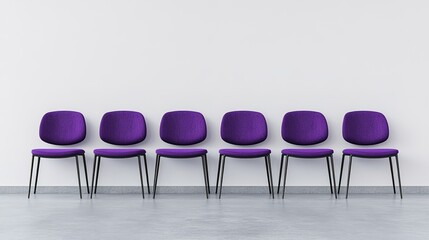 A clean front view of a row of minimalist purple waiting chairs set against a plain white wall, highlighting a modern and streamlined design. This composition emphasizes simplicity and symmetry, 
