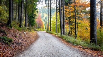 Fototapeta premium A serene forest path enveloped in autumn foliage, with the ground covered in a blanket of leaves and tall trees arching overhead. The soft glow of the sun filtering through the branches adds warmth