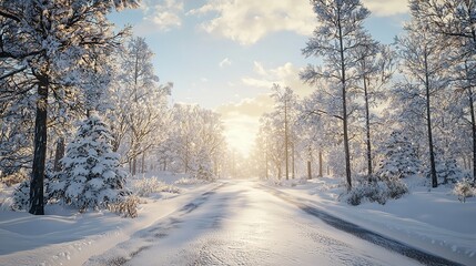 Obraz premium Winter Road Covered with Snow on a Sunny Day