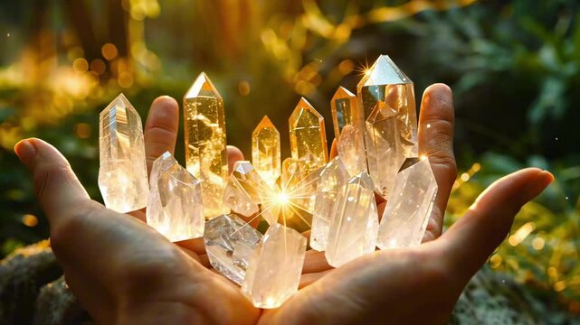 Close-up of hands cupping shimmering quartz crystals as sunlight passes through them in natural settings. Healing energy