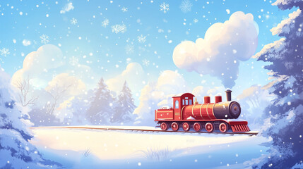 Red Steam Train in a Snowy Winter Wonderland