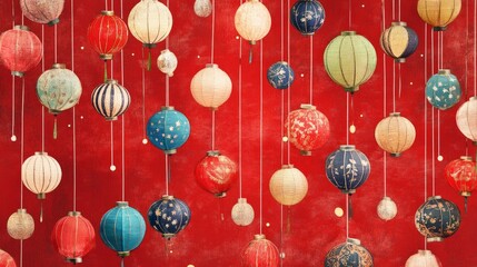 Fototapeta premium A stunning red background filled with traditional lanterns sets a joyful and vibrant mood, perfect for festive events.