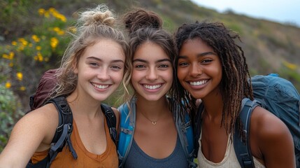Fototapeta premium Three friends smile warmly as they embark on an outdoor hiking adventure, carrying backpacks and embracing nature, friendship, and the excitement of exploration.