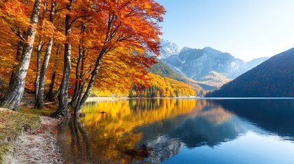 Naklejka premium A tranquil lakeside scene surrounded by majestic trees in their autumn attire, reflecting the stunning colors on the water's surface. The calmness of the lake, paired with a distant mountain range,