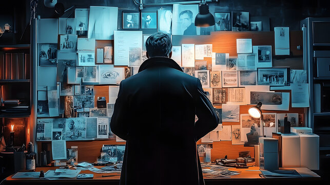 Detective analyzing evidence board for investigation, studying multiple versions