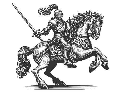 medieval knight in full armor riding a rearing horse, showcasing intricate, vintage engraving details sketch engraving generative ai vector illustration. Scratch board imitation. Black and white image
