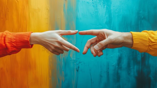 A visually striking image of two hands reaching out towards each other against a vivid background painted in blue and orange hues, depicting connection and unity.
