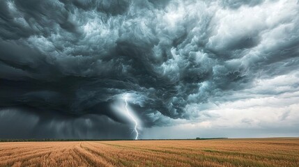Dramatic storm clouds with lightning over a vast field landscape.