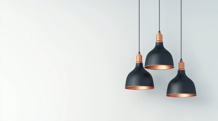 Obraz premium Contemporary pendant lights with black and copper finishes, arranged elegantly against a minimalist white background.
