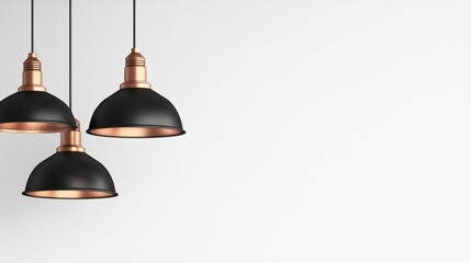 Obraz premium Copper and black pendant lights with smooth finishes hang in a clean arrangement, displayed on a simple white backdrop for a contemporary look