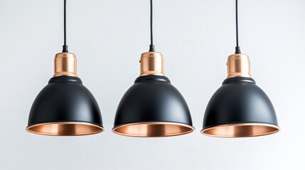 Copper and black pendant lights with smooth finishes hang in a clean arrangement, displayed on a simple white backdrop for a contemporary look