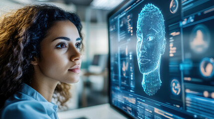 Woman Analyzing Digital Face Model on High-Tech Computer Interface, A focused woman examines a digital face model on a futuristic computer screen. AI and biometric technology in action.

