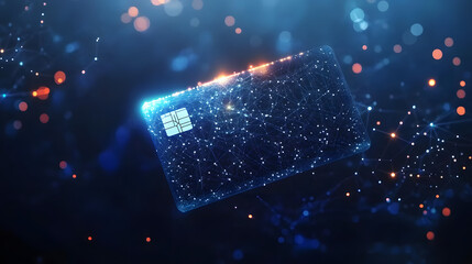A futuristic glowing low polygonal credit card made of stars, lines, dots, and triangles is isolated on a dark blue background, representing online payment in a modern wireframe design.