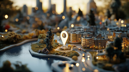 Geofencing technology. A stylized, miniature city model with a large geo pin prominently placed. The use of geofencing in urban areas for marketing, security, and logistics
