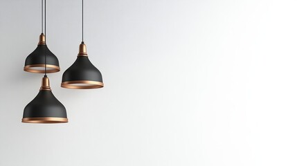 Obraz premium Elegant black and copper pendant lights hang gracefully on a plain white background, illustrating modern aesthetics.