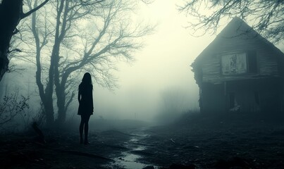 Fototapeta premium Silhouette of a woman in front of a foggy house.