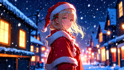 サンタクロースの服を着たアニメ調の美少女と雪景色
