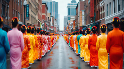 Obraz premium A vibrant parade featuring individuals in colorful traditional attire, lined along a city street, showcasing cultural heritage and celebration.