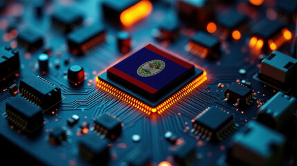Fototapeta premium A microprocessor with the Belize flag is embedded on a circuit board, highlighted by glowing lights, showcasing influence in global semiconductor and computing technology.