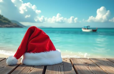 Fototapeta premium Santa Claus hat on the exotic shore with ocean or sea on background, banner with copy space. Christmas celebration