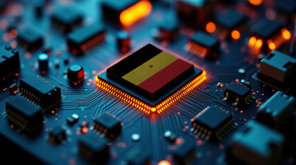 Fototapeta premium A microprocessor with the Belgium flag is embedded on a circuit board, highlighted by glowing lights, showcasing influence in global semiconductor and computing technology.