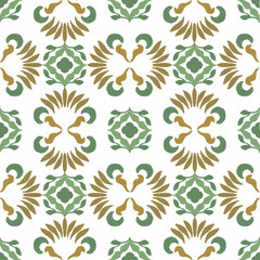 Fototapeta premium Green, brown, and white embroidery, motif ethnic ikat seamless textile illustration, print striped ornament, pattern, design for wrapping, silk, scarf, clothing, rug, textile, carpets, curtains.