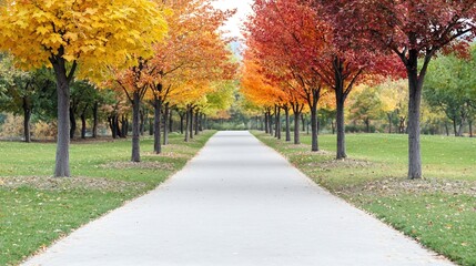 Fototapeta premium A serene pathway lined with trees in full fall color, inviting viewers to take a stroll through nature. The depth of field draws attention to the vibrant leaves while the blurred background lends an