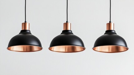 Minimalist copper and black pendant lights suspended over a smooth white surface, radiating elegance and simplicity