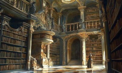 Fototapeta premium Ornate library with bookshelves and a figure.