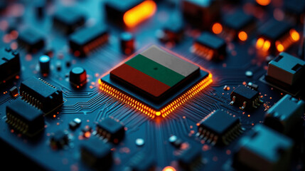 Obraz premium A microprocessor with the Bulgaria flag is embedded on a circuit board, highlighted by glowing lights, showcasing influence in global semiconductor and computing technology.