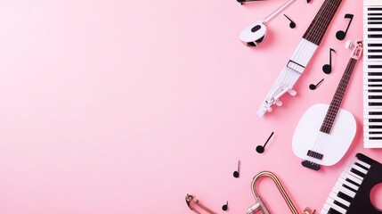Photo of, Pink background with minimalist musical notes and instruments for design, banner template