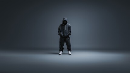 Obraz premium A lone, hooded figure stands in a dark, minimalist space, exuding an atmosphere of mystery and anonymity.