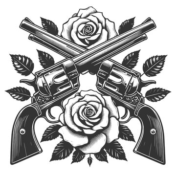crossed revolvers adorned with roses. Tattoo design blending classic weaponry and floral motifs sketch engraving generative ai vector illustration. Scratch board imitation. Black and white image.