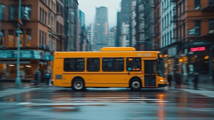 Obraz premium Yellow city bus speeding through urban street on a rainy day, capturing the dynamic essence of metropolitan life.