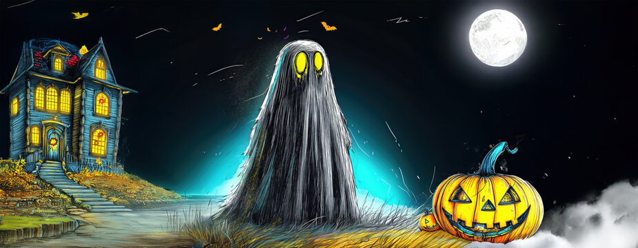 A cartoon-drawn design of a spooky Halloween night scene featuring a glowing haunted house with bright yellow windows and a mysterious ghost standing in front of it with a pumpkin.