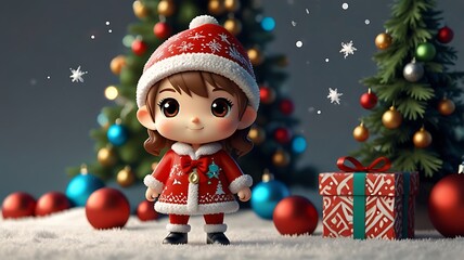 Chibi holding a candy cane and wearing reindeer antlers, surrounded by doodle stars and Christmas lights, sharp lines with a white background