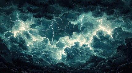 Dramatic storm clouds illuminated by bright lightning strikes.