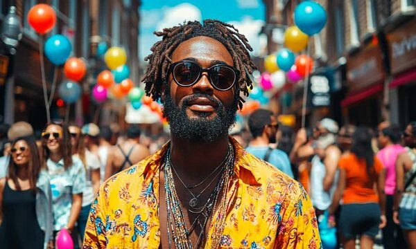 A vibrant street scene with a stylish individual amidst a crowd.