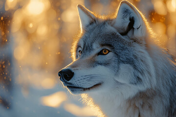 Fototapeta premium A majestic wolf stands in a snowy, sunlit forest, showcasing its beautiful fur and intense gaze, embodying the essence of wilderness.