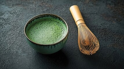 Matcha tea bowl with whisk on dark background, showcasing vibrant green color.
