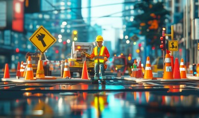 Obraz premium Construction worker in city with traffic cones.