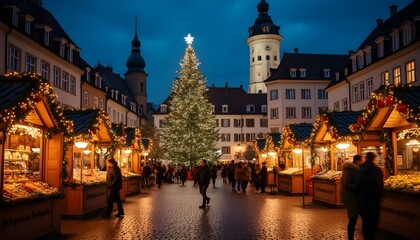 A stunning European town square adorned with a grand Christmas tree, twinkling festive lights, and bustling holiday market stalls. Ideal for adding seasonal text in the lower corner.