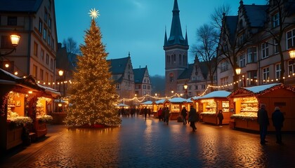 Obraz premium A stunning European town square adorned with a grand Christmas tree, twinkling festive lights, and bustling holiday market stalls. Ideal for adding seasonal text in the lower corner.