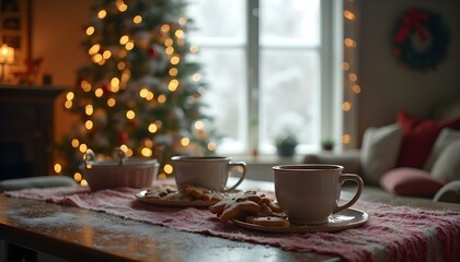 Fototapeta premium A warm holiday scene featuring a cozy table set with mugs of hot chocolate and gingerbread, complemented by a large Christmas tree in the background. Text can be added on the snowy windowsill.