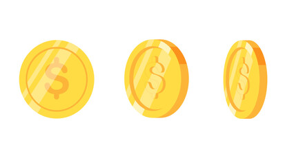Set of rotating gold dollar coins isolated on a white background