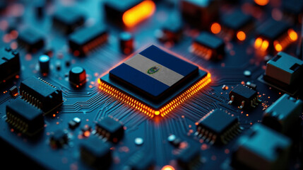 A microprocessor with the El Salvador flag is embedded on a circuit board, highlighted by glowing lights, showcasing influence in global semiconductor and computing technology.