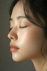 Fototapeta premium an Asian woman with her eyes closed, featuring clear and flawless skin on the front half of her face. She has delicate features and is wearing light makeup