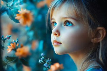 Fototapeta premium A little girl with blue eyes looking out of a window