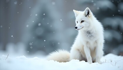 Obraz premium A graceful snowy white fox sits elegantly in a serene snowy landscape, surrounded by soft white snow and hints of pine trees in the background. Perfect for adding an inspirational quote at the bottom
